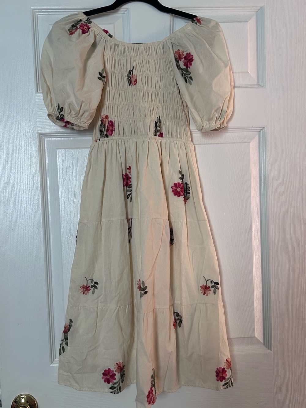 Cream Floral Puff-Sleeve Smocked Midi Dress